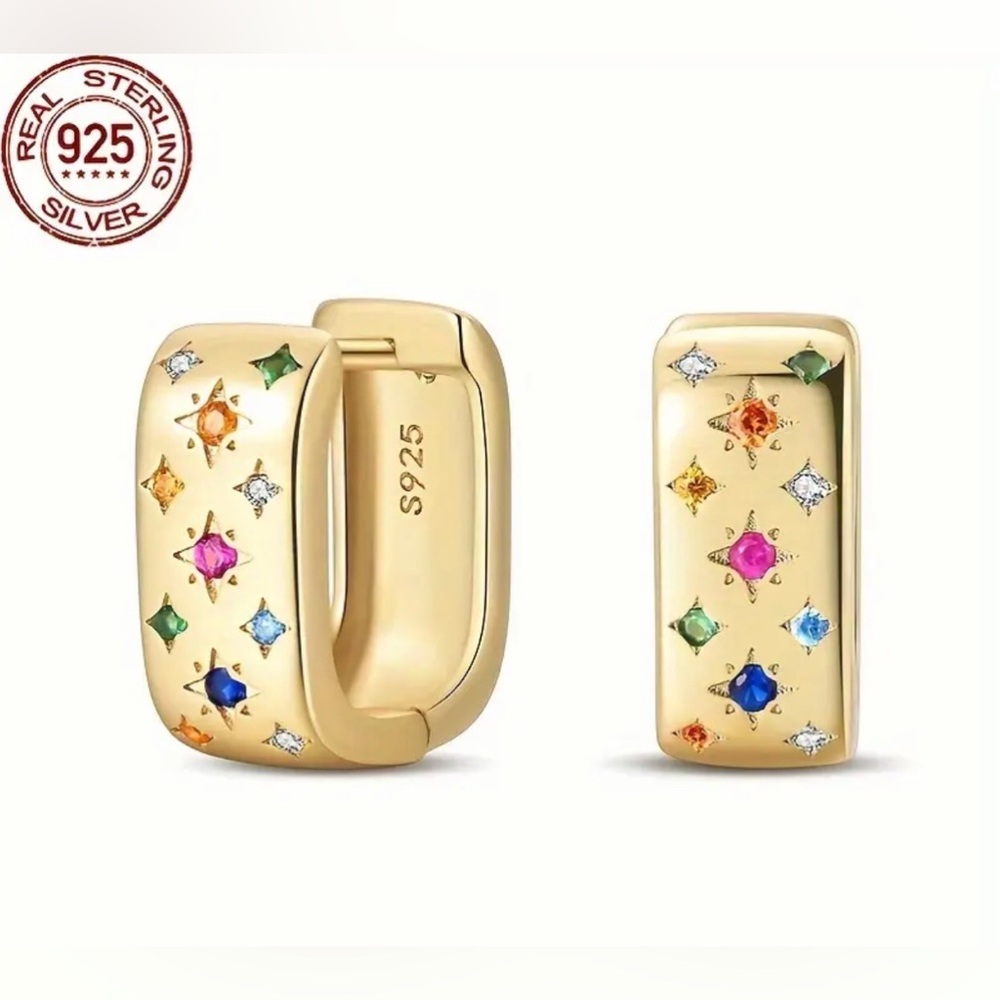 Gold S925 Silver Celestial Star Pattern Huggie Ho… - image 1